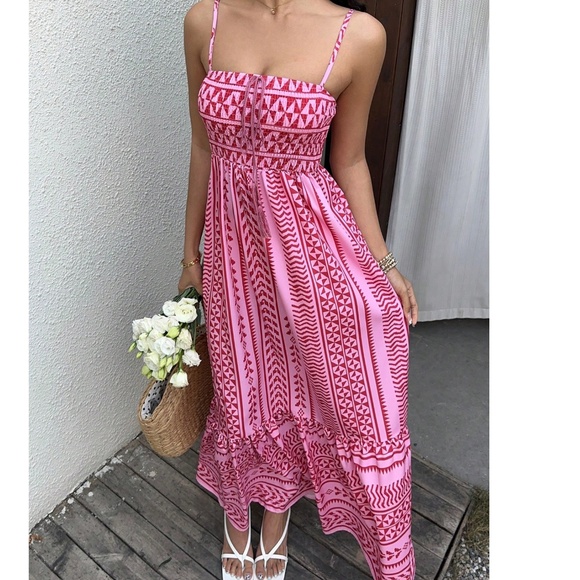 Boho Geo Print Shirred Stretchy Waist Cami Dress - Picture 12 of 13